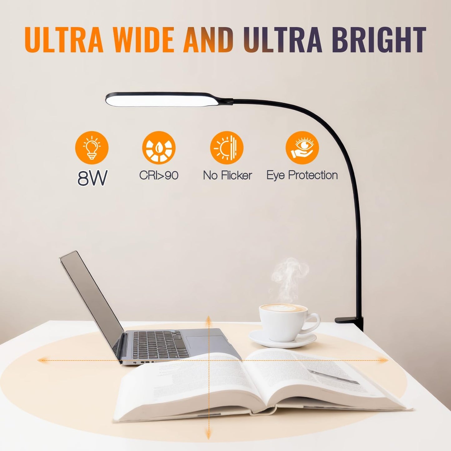18W 3000LM LED Clamp Desk Lamp | CRI 95 Eye-Caring Light with Remote & Touch Control, 360 Flexible Gooseneck, 3 Color Modes for Home Office(Adapter Included)