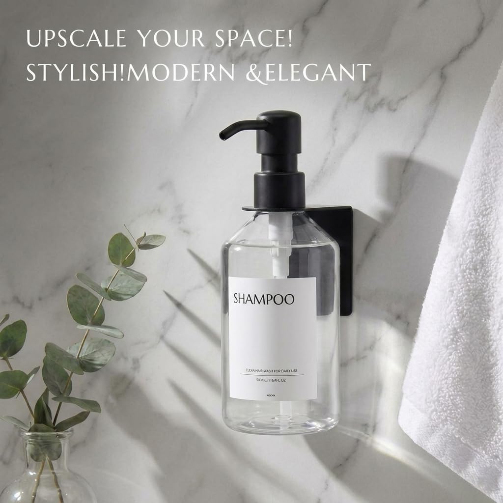 Shampoo and Conditioner Dispenser Set of 3 for Wall Mount | 16.9 fl oz Drill Free Shower Soap Bottles,Refillable Body Wash Dispensers for Bathroom Decor (Amber Bottles + Bamboo Pumps)