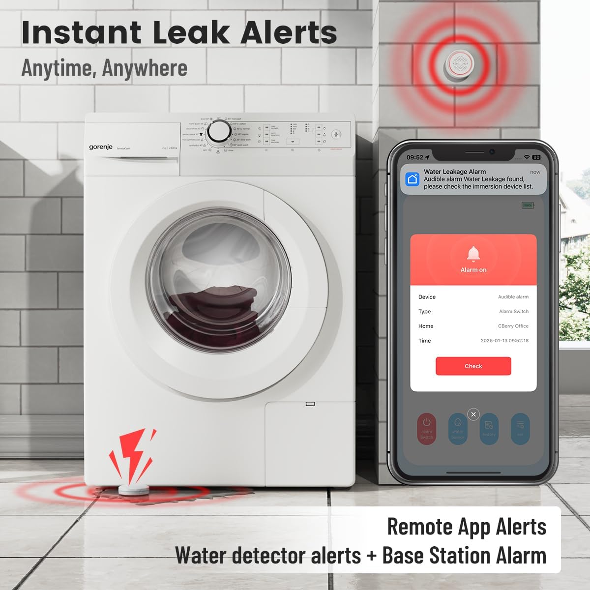 Water Leak Detector Kit for Home, GreenVation 3 Smart WiFi Water Sensor Alarm with App Alerts, 1 Base Station with 100dB Adjustable Alarm, RF 300m/984ft for Basement, Bathroom, Laundry