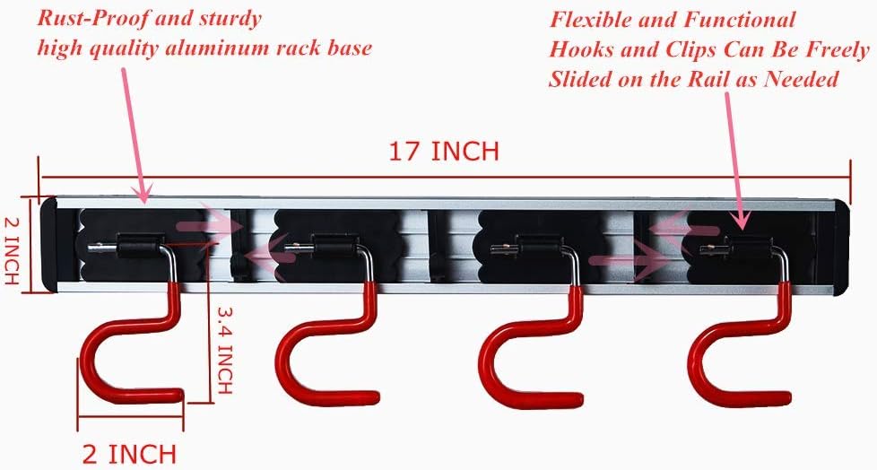 Wall Mounted Mop and Broom Holder Stainless Steel S Type Broom Rack Anti-Slip Mop Organizer (17 Inches,4 Positions 3 Hooks, Red black) (17inch)