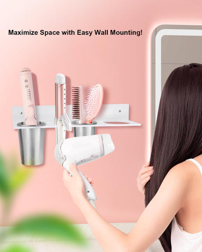 Hair Tool Organizer, Hair Dryer Holder with Heatproof Steel Cups, Acrylic Vanity Organizer for Curling Iron, Flat Iron & Hair Brushes, Perfect for Bathroom (White, Standard)
