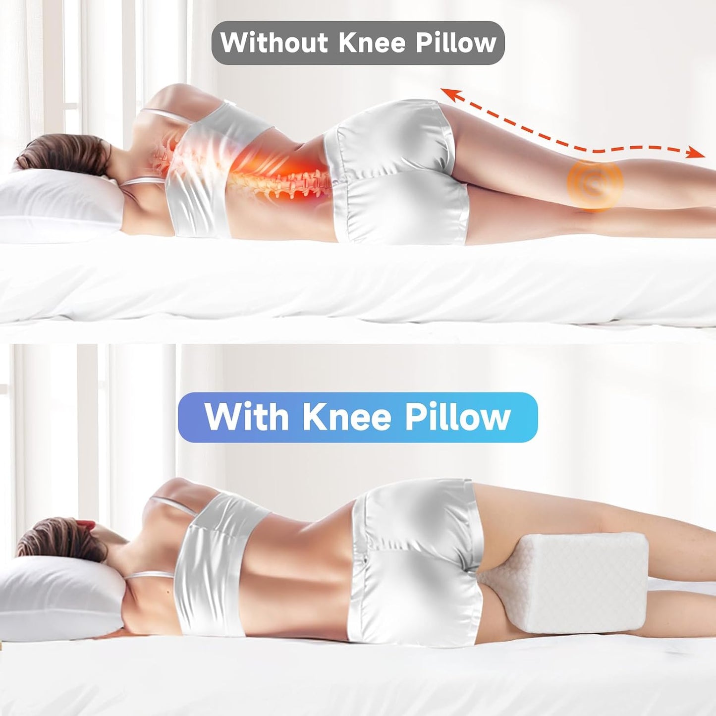 CloudBliss Cooling Gel Knee Pillow for Side Sleepers, Memory Foam, White | Contoured leg pillow, high-density foam, removable machine-washable cover, breathable fabric, hip and knee support