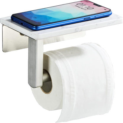Brushed Nickel Toilet Paper Holder with Marble-Look Shelf, Wall Mounted SUS304 Stainless Steel Toilet Roll Holder with Phone Storage