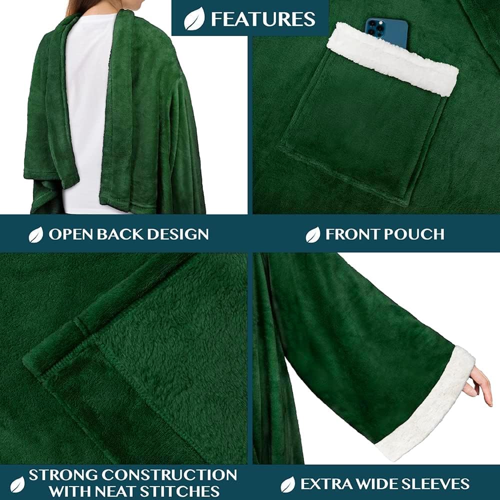 PAVILIA Wearable Blanket with Sleeves and Pocket for Women Men, Sherpa Trim