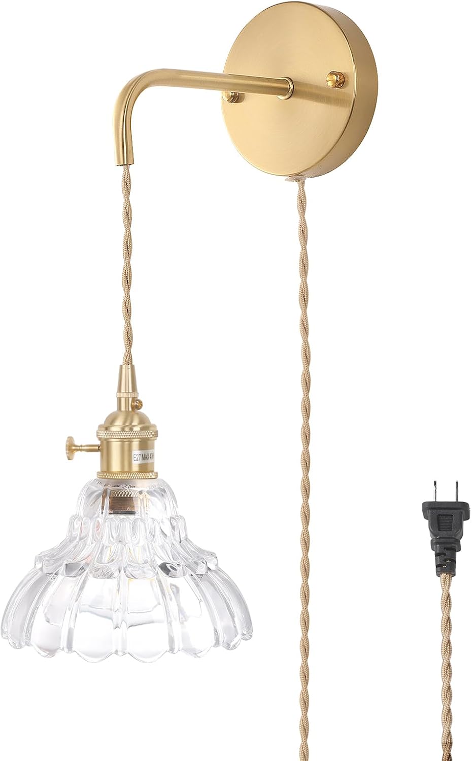Shenmoyl Battery Operated Wall Sconce Wall Lamp with Green Lily of the Valley Shade Pattern Glass Adjustable Chain Retro Gold Wall Mounted Light, Modern Wall Lamp Fixtures Decor for Bedside Bedroom
