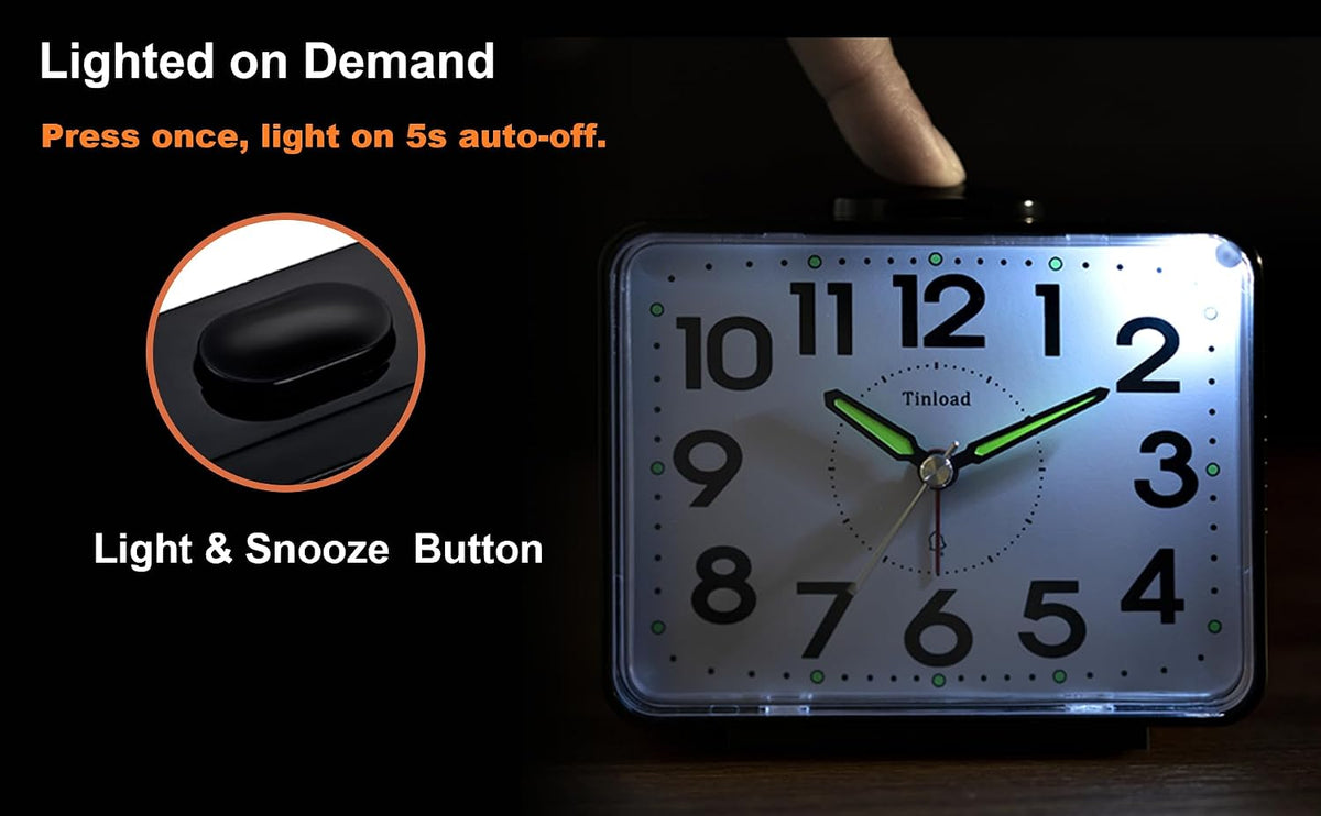 Tinload 4.2" Loud Bell Alarm Clock for Heavy Sleepers Adults, Silent No Ticking, Snooze, Lighted on Demand, Battery Operated Alarm Clocks for Bedrooms (Black)