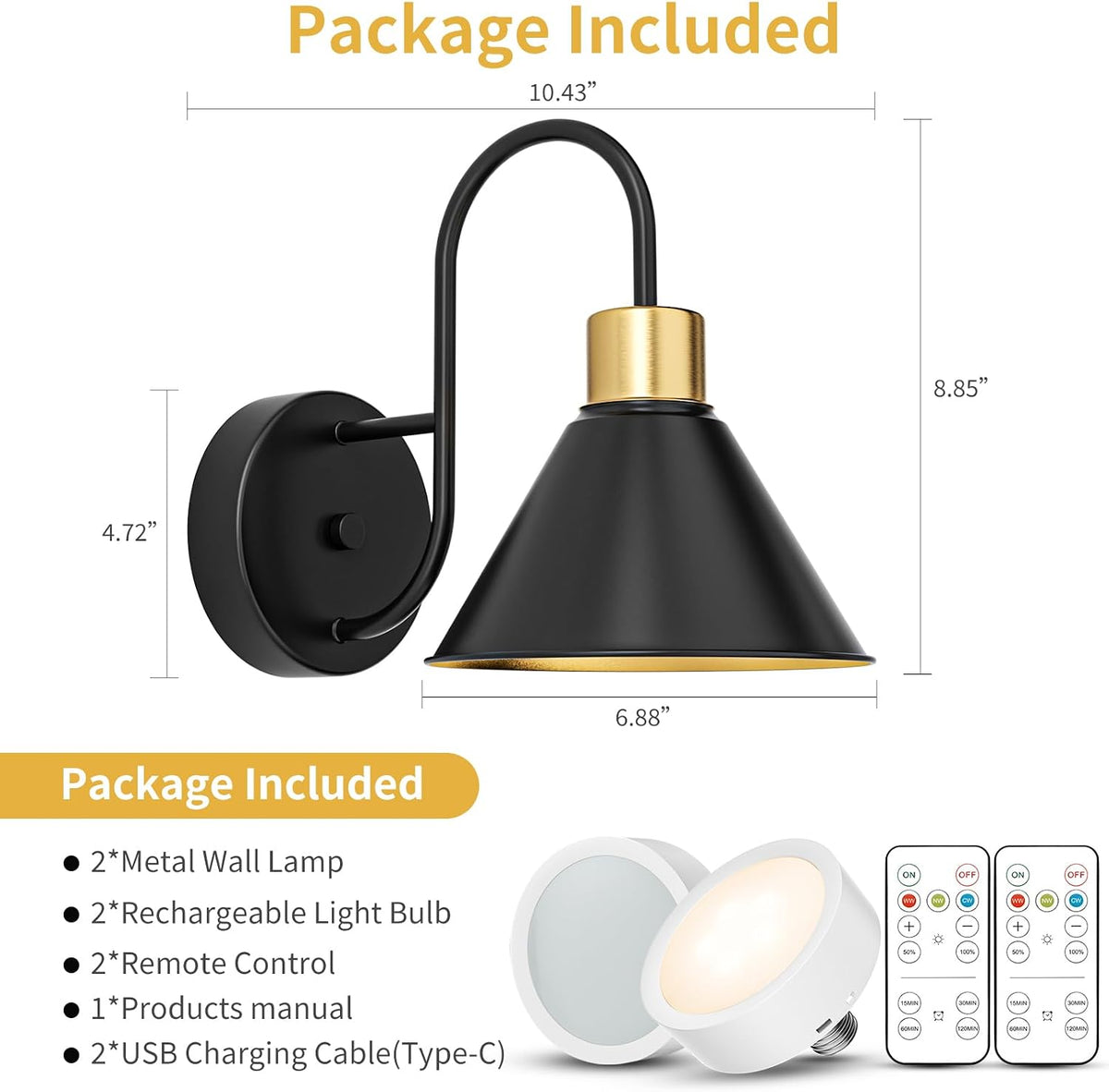 Frideko Rechargeable Wall Sconces Set of Two, 3 Color Dimmable Battery Operated Wall Lights with Remote, Black Wireless Wall Lamp with Timer, Indoor Sconce Lighting for Living Room Bedroom Picture