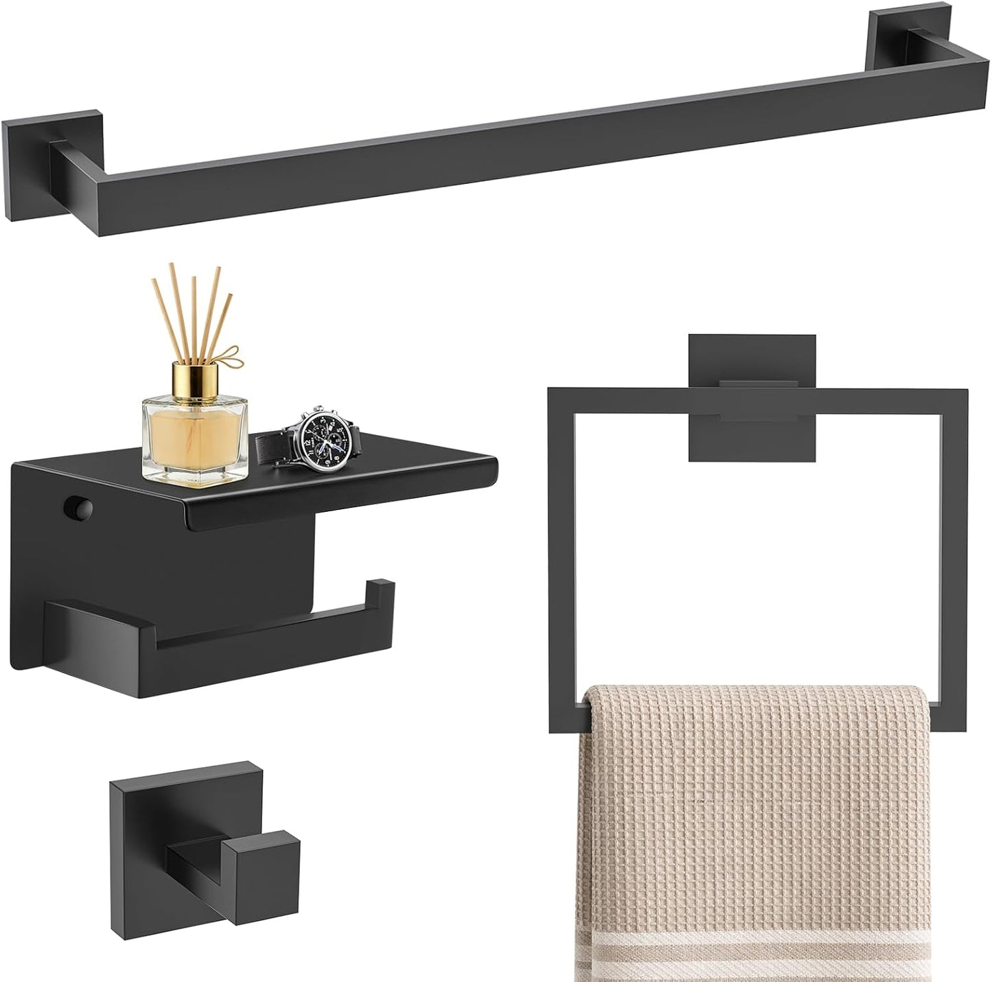 TURS Bathroom Hardware Set Black 4-Piece Towel Bar Set Include 24 Inch Towel Bar Hand Towel Holder Towel Hook Toilet Paper Holder with Shelf Wall Mounted Stainless Steel Bathroom Accessories Set