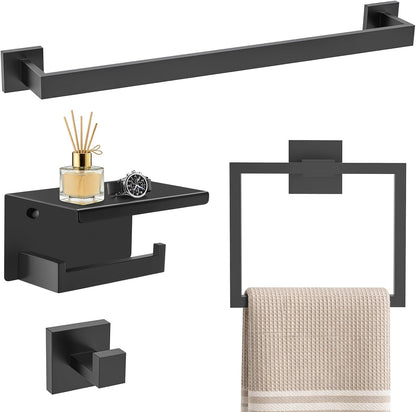 TURS Bathroom Hardware Set Black 4-Piece Towel Bar Set Include 24 Inch Towel Bar Hand Towel Holder Towel Hook Toilet Paper Holder with Shelf Wall Mounted Stainless Steel Bathroom Accessories Set