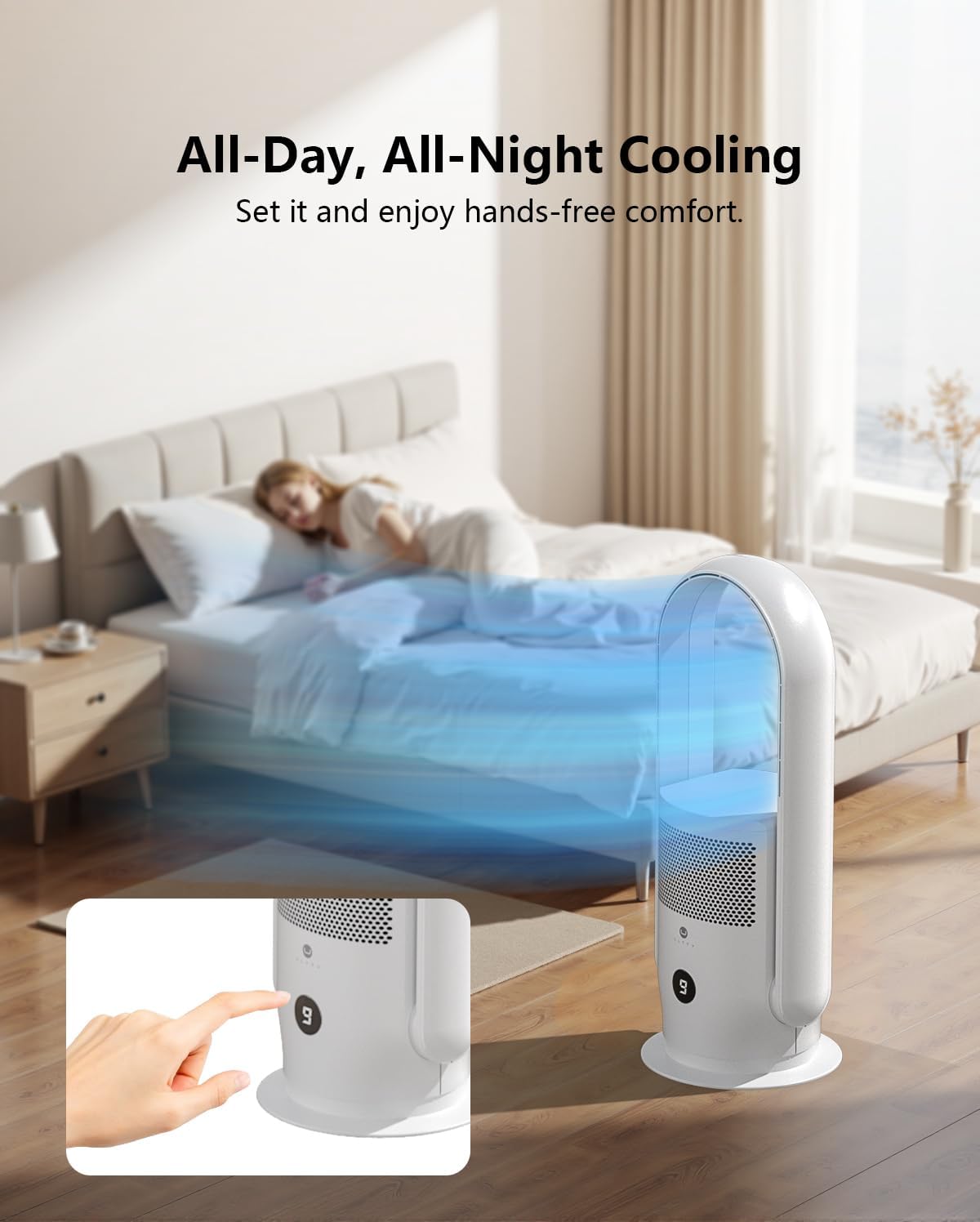 ULTTY Bladeless Tower Fan and Air Purifier Combo, Quiet Oscillating Fan with Remote & Touch Control, 9 Speeds, 8H Timer, HEPA Air Filter, Safe Floor Fan for Bedroom Home Office Black, 23.5"inch