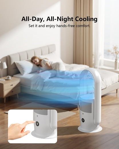 ULTTY Bladeless Tower Fan and Air Purifier Combo, Quiet Oscillating Fan with Remote & Touch Control, 9 Speeds, 8H Timer, HEPA Air Filter, Safe Floor Fan for Bedroom Home Office Black, 23.5"inch