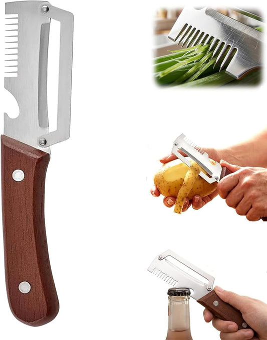 Multifunctional Vegetable Peeler,3 in 1 Stainless Steel Potato Peeler with Bottle Opener,Wooden Handle Fruit&Veggie Peeler for Kitchen,Carrot Apple Peeling Tool, GreenOnion Shredder Kitchen Gadget