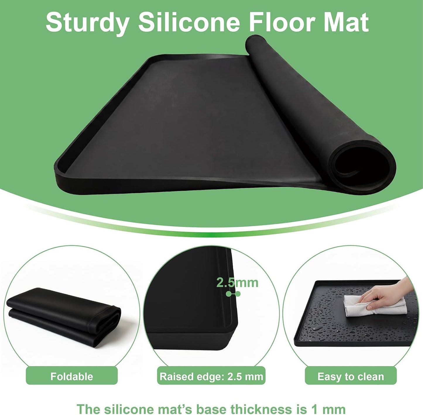 28.7” x 28.7” Washing Machine Drain Pan, Silicone Washer Pan, Black | 2cm Raised Waterproof Edge, Washer and Dryer Mat for Floor Protection, Fits Compact Washers Up to 4.0 Cu.Ft.