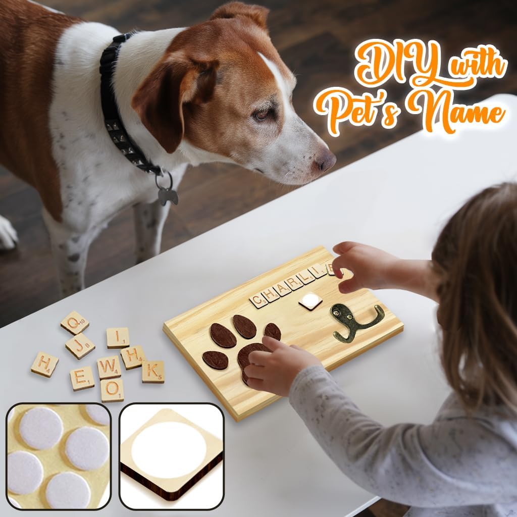 Dog Leash Holder Wall Mount, Pet Harness Hanger with Scrabble Letters, Dog Collar Organizer for Entryway, Memorial Cat Leash Holder for Wall, Pet Loss Gifts, Keepsake, Home Decor PF212-NAT
