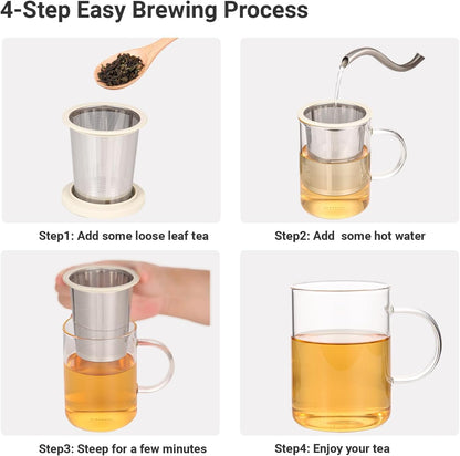 emoi 15 oz Glass Tea Cup with Infuser & Lid, Ideal for Loose Leaf Tea, Gray | Tea Mug with Extra Fine Mesh 304 Stainless Steel Steeper & Silicone Lid, Brew a Perfect Cup Easily at Home or Office