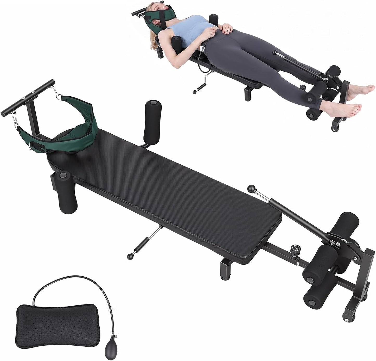 Full Body Traction Table, Adjustable Massage Cervical Traction Bench, Portable Lumbar Stretcher Bed, Home Spine Stretcher Bench for Tension Relief, Lumbar Stretching, 330LBS Capacity Black