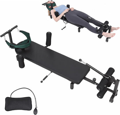 Full Body Traction Table, Adjustable Massage Cervical Traction Bench, Portable Lumbar Stretcher Bed, Home Spine Stretcher Bench for Tension Relief, Lumbar Stretching, 330LBS Capacity Black