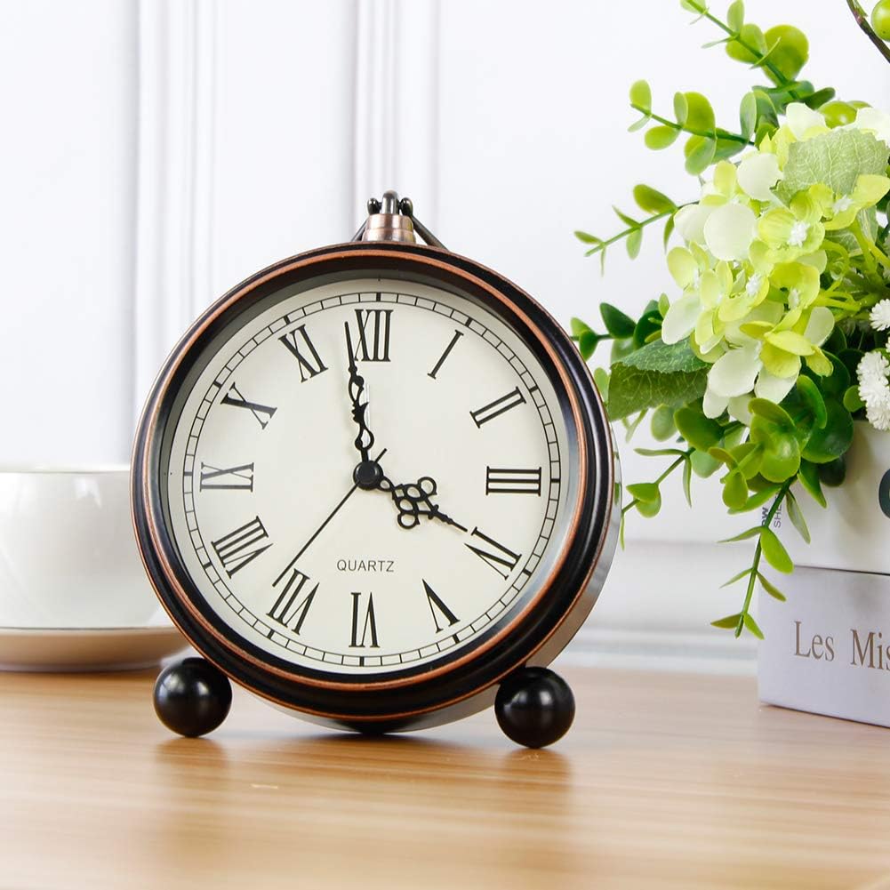 Retro Metal Table Clock Battery Operated Non-Ticking Silent Quartz Table Small Alarm Clock Desk Shelf HD Glass Clock for Kids Room (Arabic-550-12)