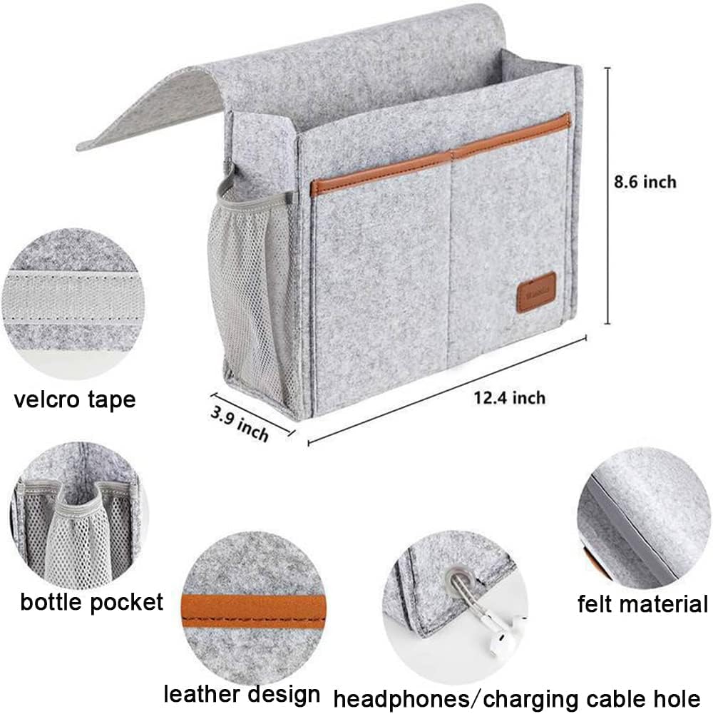 Bedside Caddy, Felt Bedside Storage Organizer, Hanging Storage Bag, Chair Organizer Caddy, Remote, Magazine, Drink Bottle Holder for Hospital, Dorm Bed, Baby Stuff, Office (Light Grey Small)