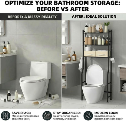 GloTika 3-Tier Over Toilet Storage, Anti-Tilt, 64" H, Black | Anti-Tilt Safety System, 150lb Capacity, Carbon Steel, Freestanding, No Drilling, Anti-Rust Coating, Paper Holder & 4 Hooks