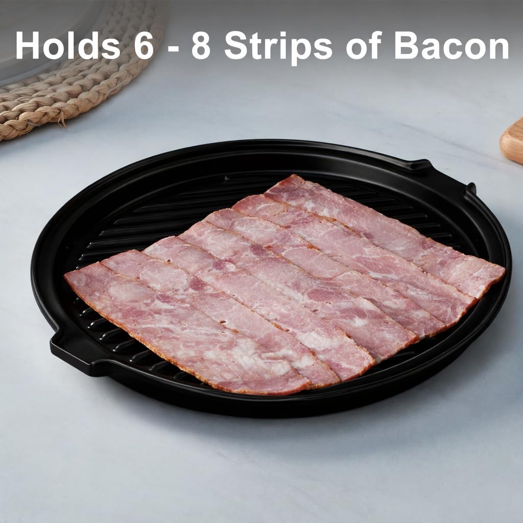 ONEMORE Microwave Bacon Cooker, Ceramic Bacon Tray with Splatter Cover | Meat Rack for Oven Cooking Crispy Bacon Maker with Collapsible Lid - 13 inch Round Bacon Dish Plate, Dishwasher Safe, White