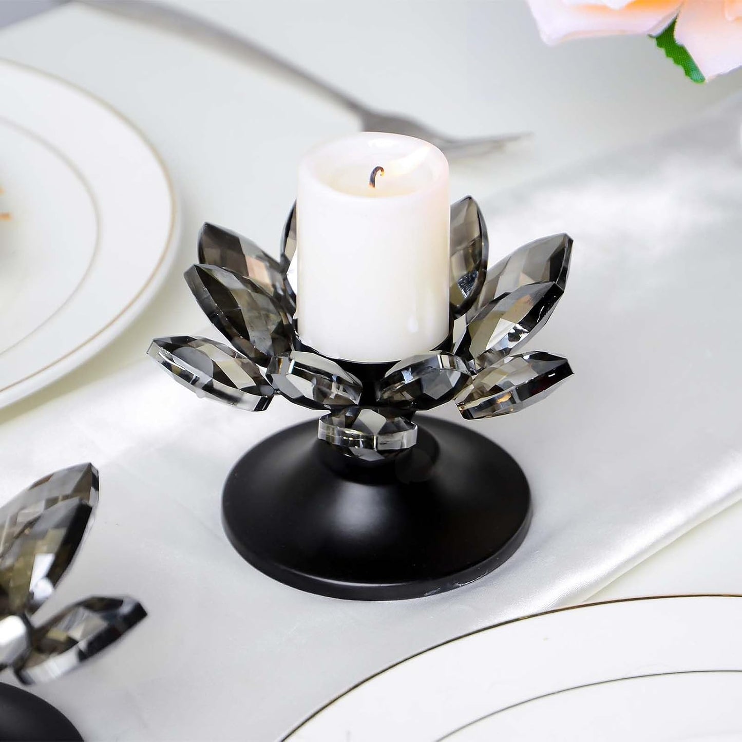 1 PC Gold Crystal Flower Tea Light Holder, Glass Tealight Candlestick with Metal Base, Votive Candle for Table Centerpiece, Wedding/Parties Decor, Nice Gift