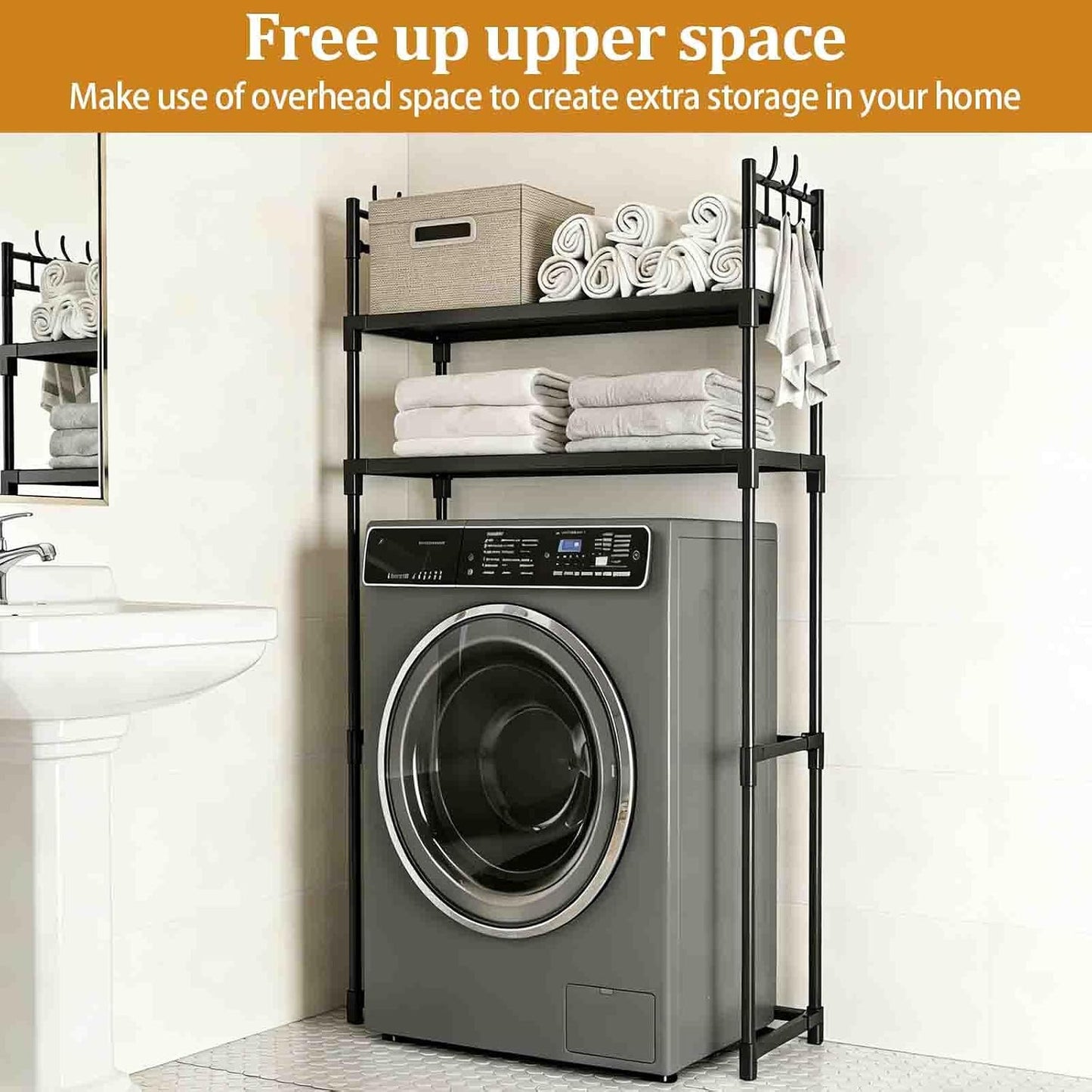 2-Tier Over Washer and Dryer Shelves - Portable Dryer Stand Over Washer with Hooks, Durable Plastic Laundry Organizer for Bathroom/Laundry Room(Black)