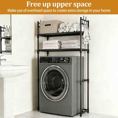 2-Tier Over Washer and Dryer Shelves - Portable Dryer Stand Over Washer with Hooks, Durable Plastic Laundry Organizer for Bathroom/Laundry Room(Black)