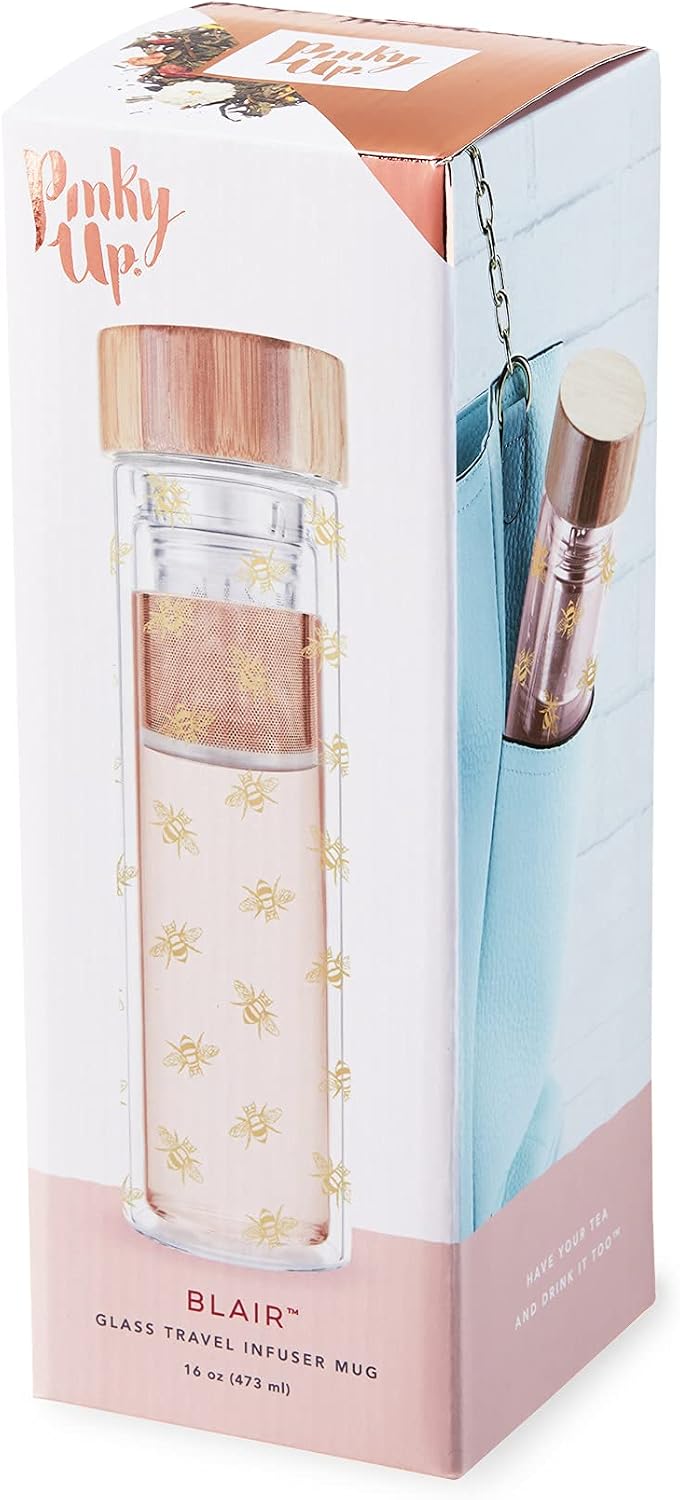Pinky Up Blair Travel Tea Infuser Mug, Double Walled Insulated Travel Tumbler with Loose Leaf Tea Strainer, Travel Coffee Mug, Keeps Drinks Hot or Cold, 16 oz, White Leaf
