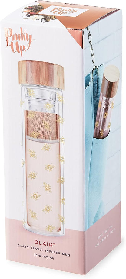 Pinky Up Blair Travel Tea Infuser Mug, Double Walled Insulated Travel Tumbler with Loose Leaf Tea Strainer, Travel Coffee Mug, Keeps Drinks Hot or Cold, 16 oz, White Leaf