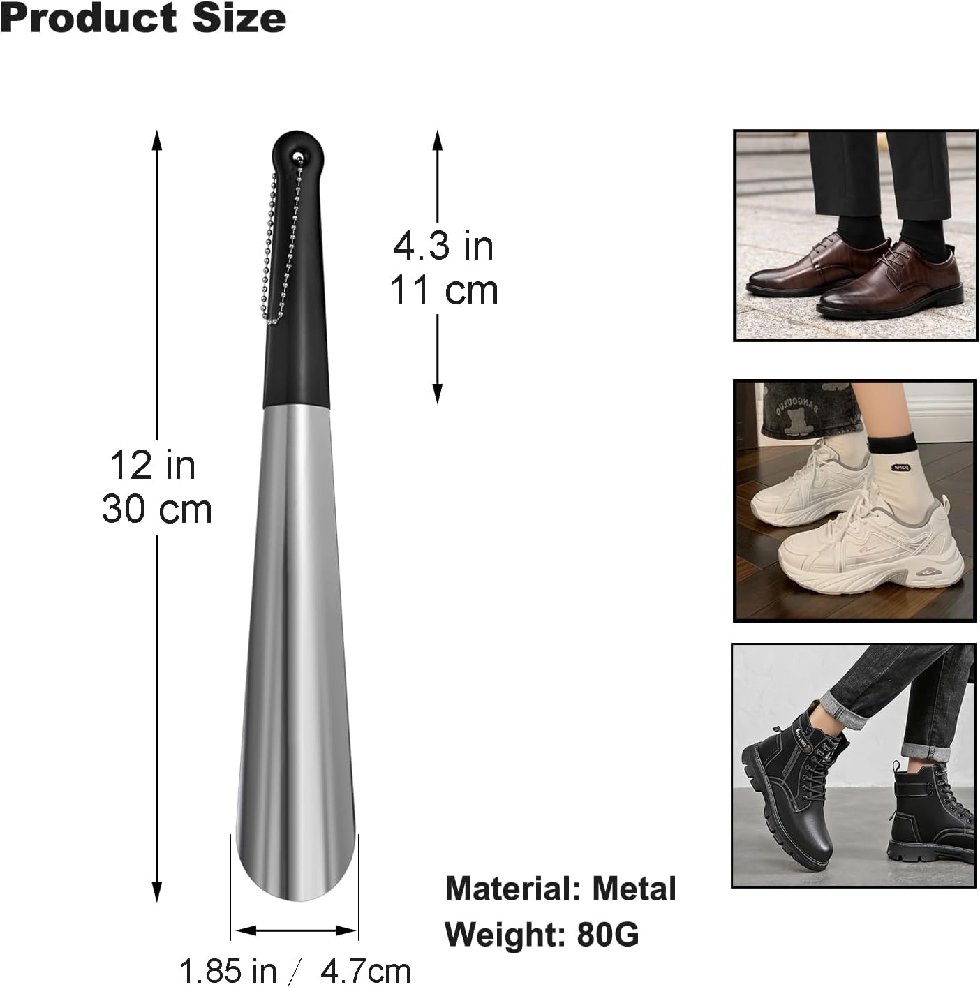 Metal Shoe Horn 12 Inch Portable Stainless Steel Shoehorn with Rubber Grip | Fashion Shoe Spoon Helper for Travel Home Use