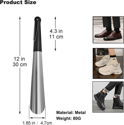Metal Shoe Horn 12 Inch Portable Stainless Steel Shoehorn with Rubber Grip | Fashion Shoe Spoon Helper for Travel Home Use