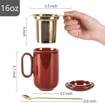 Ceramic Tea Cup Mug Infuser - VICRAYS Large 16 oz Hot Loose Steeping Handle Teacup with Leaf Infuser Spoon Lid - Blue Tall Glazed Strainer Coffee Mug Microwave Safe - Blue