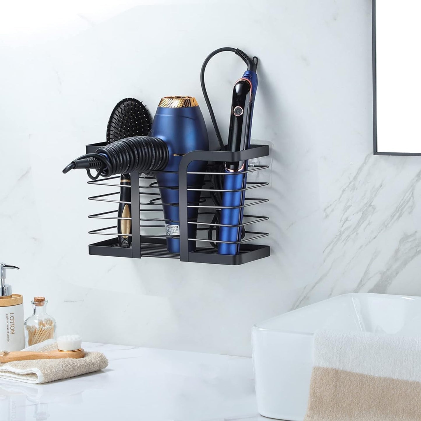 YIGII Hair Dryer Holder, 3 in 1 Hair Tools Organizer Blow Dryer Holder Adjustable Height Cabinet Door/Wall Mounted Bathroom Organizer and Storage for Hair Dryer, Flat Irons, Curing Wands