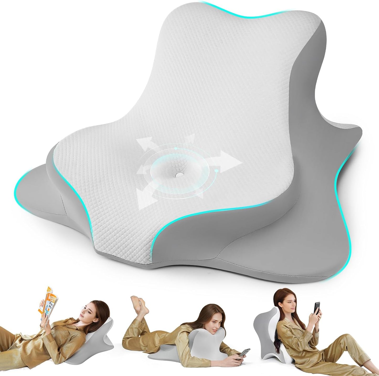 Reading Pillow for Bed, Lying, Leaning and Prone, Ergonomic Memory Foam Bed Wedge Pillow for Headboard, Chin & Back Support Pillows on Bedrest Couch Floor- Grey