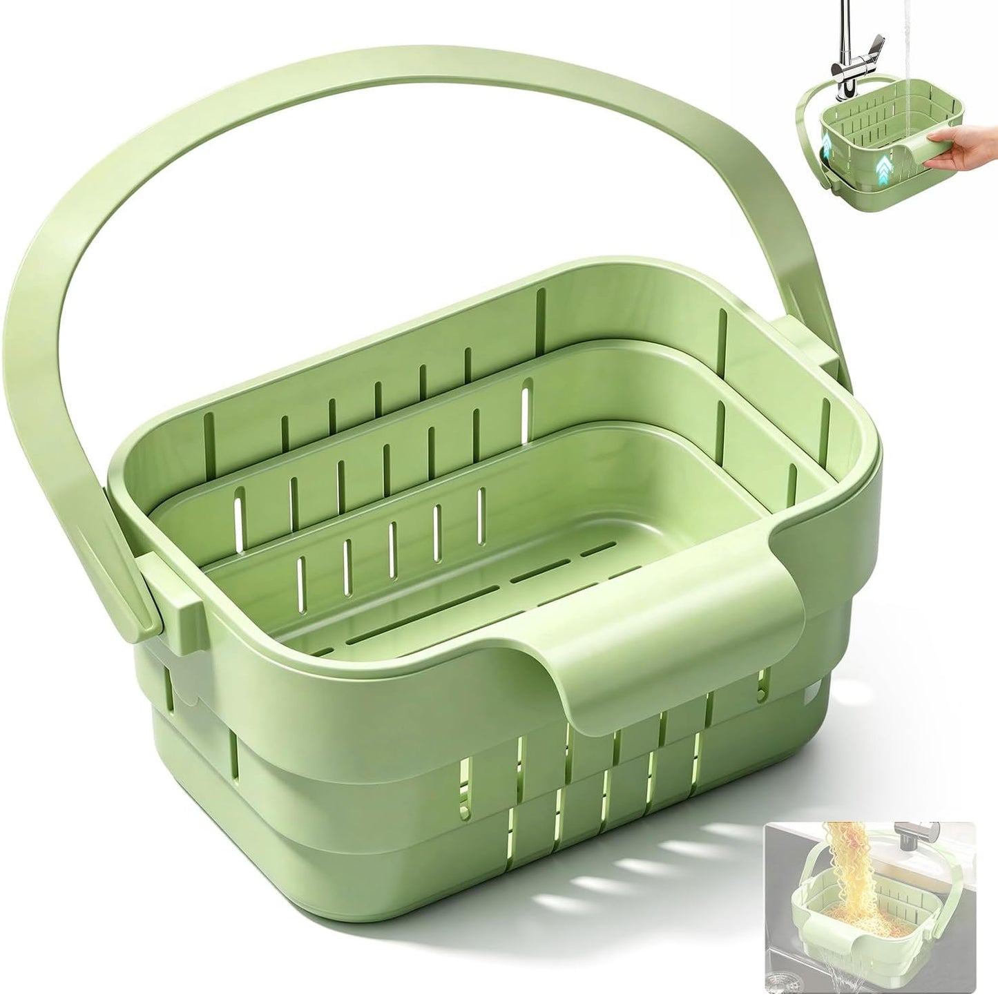 Foldable Hanging Kitchen Sink Drain Basket, 2026 Upgraded Foldable Kitchen Sink Strainer, Stretchable Kitchen Colander, No-Drill Hanging Drain For Fruit Vegetable Washing Rice Rinsing (Green)