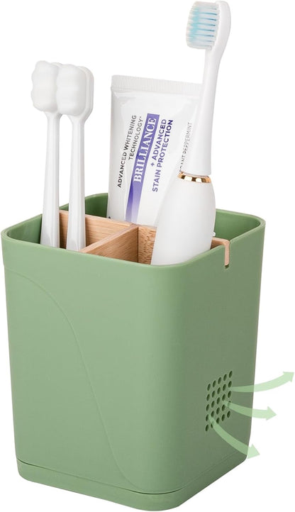 Electric Toothbrush Holder Tooth Brush and Toothpaste Organizer, Black | 3 Slots, Drainage Holes, Removable Bamboo Divider, Ventilation Design, Space-Saving, for Bathroom Countertop, Shower, Vanity