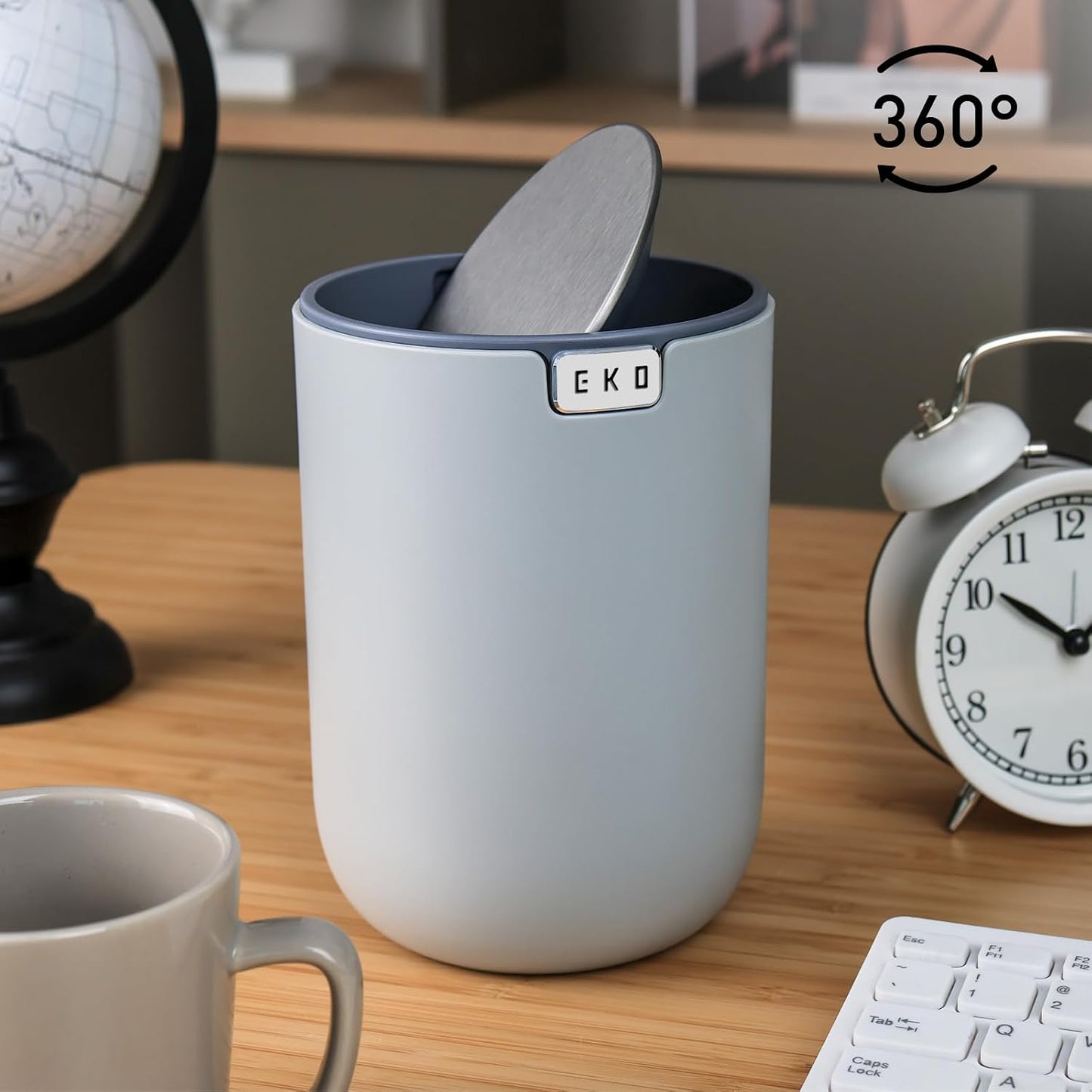 EKO Fandy 0.58 Gal/2.2L Mini Trash Can with Lid, Swing-Top Desktop Trash Can for Bathroom, Countertop, Vanity, Desk or Office, Small Garbage Bin (Blue)