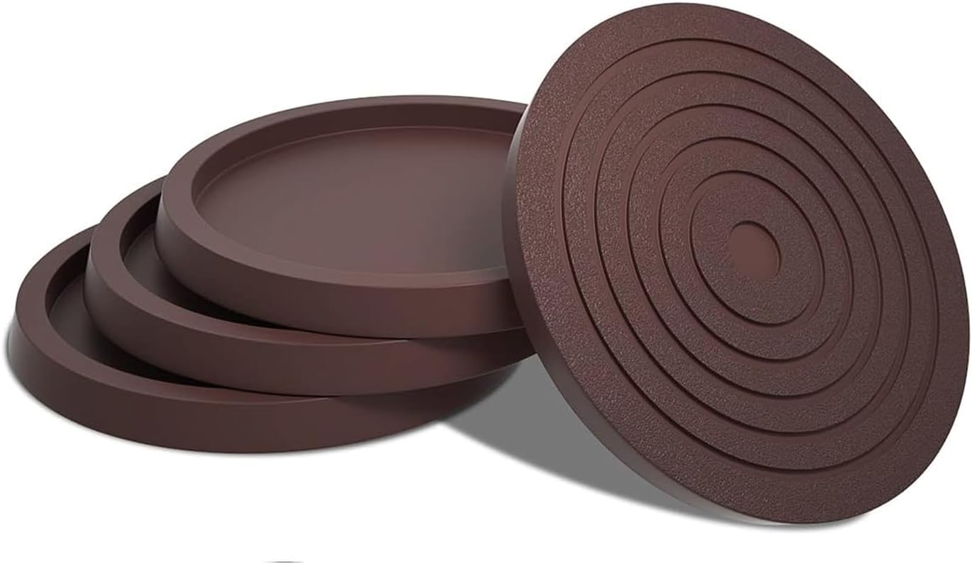 12Pcs 2.5in Furniture Coasters Non-Slip Bed Leg Pads Round Rubber Anti Sliding Caster Cups for Hardwood Floors Brown
