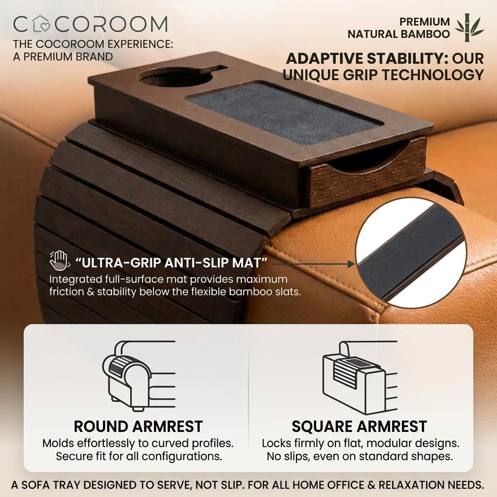 Sofa Arm Tray with Drawer, Bamboo Couch Armrest Table, Natural | Anti-slip phone pad | Wood finish | Hidden storage for remote, glasses, snacks | Fits armchair, recliner, chair, arm rests