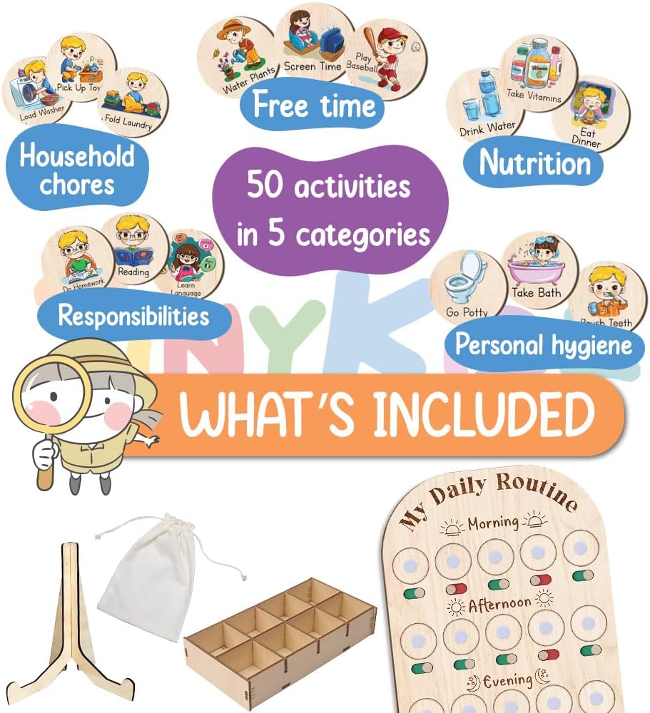 Daily Routine Chart for Kids, Visual Schedule, Routine Chart for Toddlers 3-5, Morning Bedtime Routine Chart for Toddlers, Wooden Chore Chart for Kids
