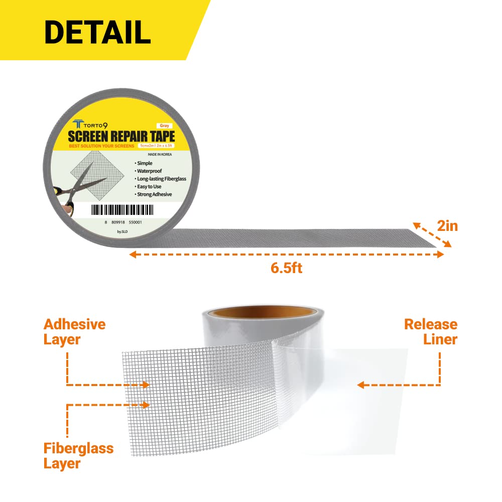 TORTO9 Window Screen Repair Kit, 3-Layer Strong Adhesive & Waterproof Tape Fiberglass Covering mesh (Gray, 2 Inch x 6.5 FT)