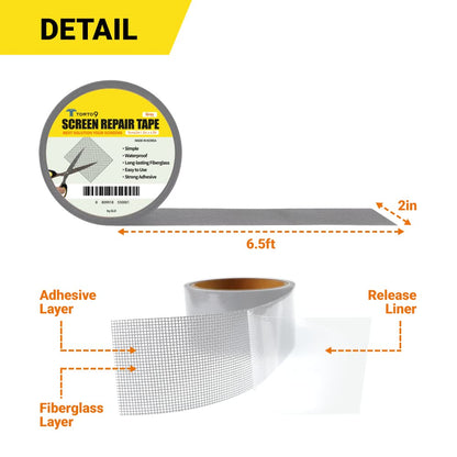 TORTO9 Window Screen Repair Kit, 3-Layer Strong Adhesive & Waterproof Tape Fiberglass Covering mesh (Gray, 2 Inch x 6.5 FT)