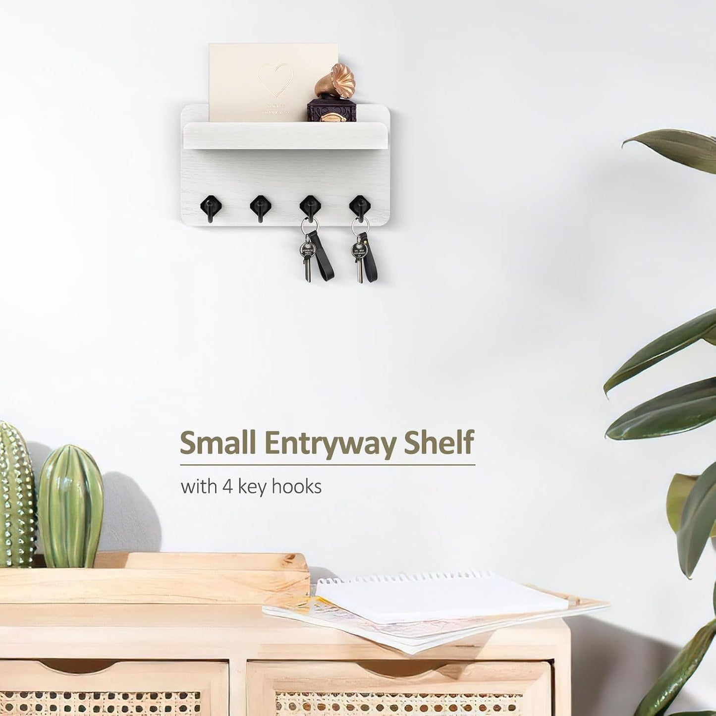 Nekon Key Holder Wall Mount, 8.5 Inch Small Wooden Wall Organizer, Black | Rustic Wall Shelf, Farmhouse Key and Mail Holder for Living Room Entryway Kitchen