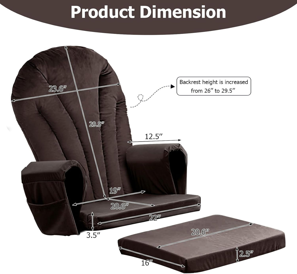 ANMINY 5pcs Glider Rocker Replacement Cushions Set with Ottoman Cushion, 3.5Inch Thickened Velvet Glider Rocking Chair Cushions with 29 inch High Backrest & Side Pockets for Indoor Nursery, Blue