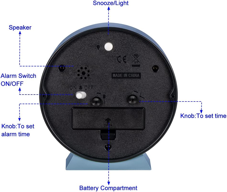 Tinload 4.5" Battery Operated Analog Alarm Clock, Small Silent Bedside Desk Clock with Night Light, Blue