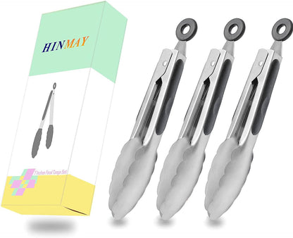 HINMAY Mini Tongs with Silicone Tips 7-Inch Serving Tongs, Set of 3 (Red Blue Green)