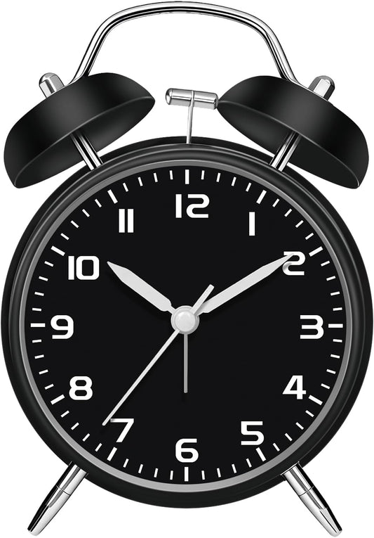 4.5" Metal Loud Alarm Clock for Heavy Sleepers Adults, Analog Battery Operated Alarm Clock with Bells Glow in Dark Numbers, Silent Old School Bedside Desk Clock for Bedroom Office Kids, Black