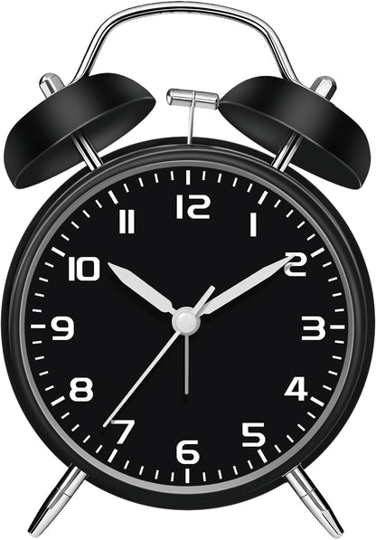 4.5" Metal Loud Alarm Clock for Heavy Sleepers Adults, Analog Battery Operated Alarm Clock with Bells Glow in Dark Numbers, Silent Old School Bedside Desk Clock for Bedroom Office Kids, Black