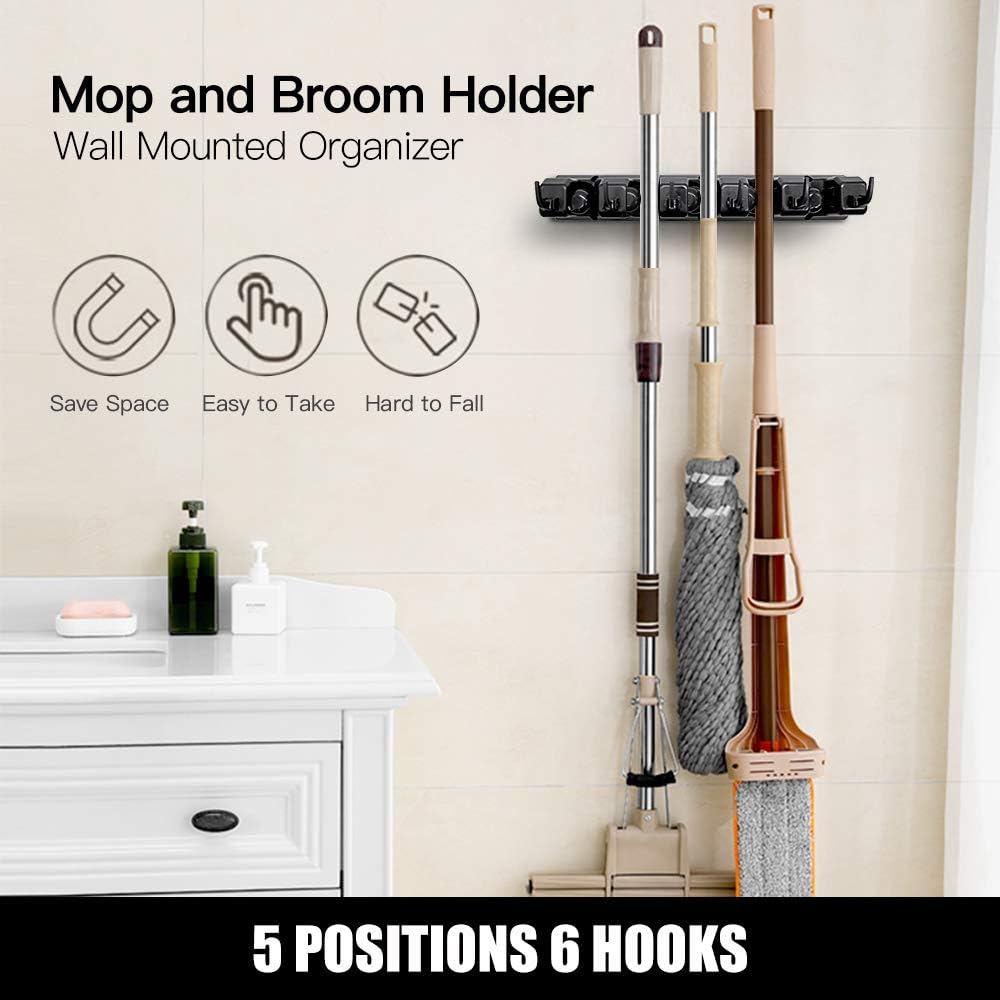 IMILLET 2 Pack Mop and Broom Holder, Wall Mount Organizer Storage Tool Rack | Broom and Mop Organizer Wall Hanging for Garage, Laundry Room, Garden, Utility, 5 Ball Slots and 6 Hooks(Black)